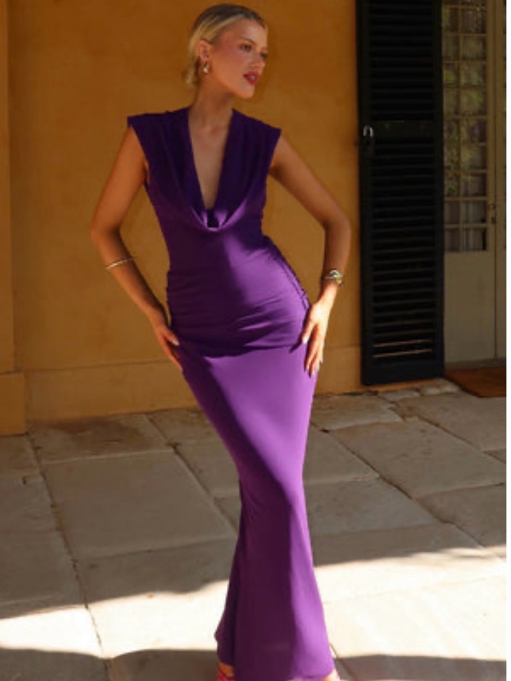 Meshki Purple Backless Cowl Neck Gown